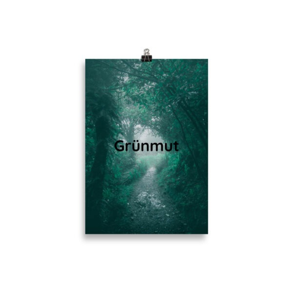 Poster mit dem Wort „Grünmut“ auf strukturiertem grünem Hintergrund – minimalistisches Naturmotiv, inspiriert von Umweltbewusstsein und Nachhaltigkeit
