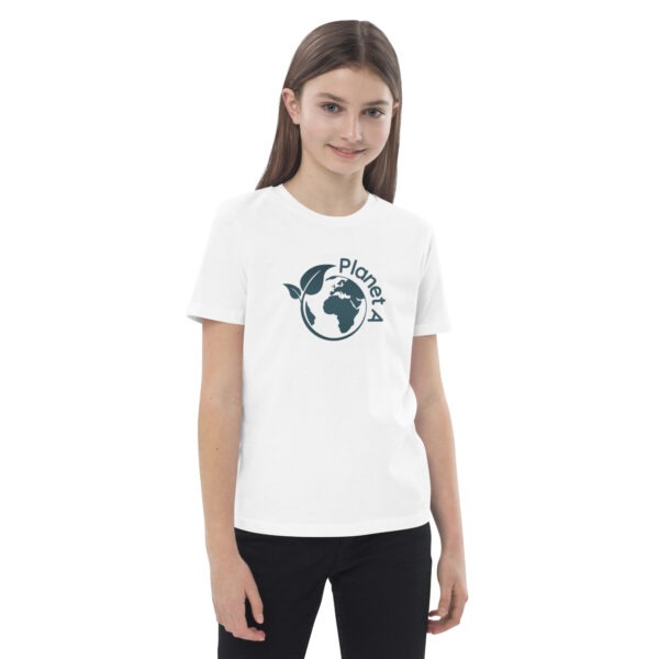 Planet A – Bio-Kinder-T-Shirt mit Welt- und Blattmotiv (Größe 3–13 Jahre) – Bild 2
