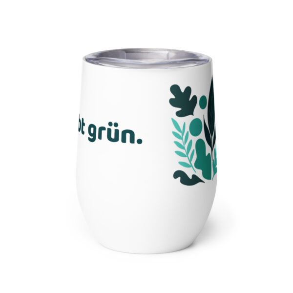 Doppelwandiger Edelstahl-Weinbecher mit Deckel, 355 ml Fassungsvermögen, geschwungene Form, bruchsicher und wiederverwendbar. Mit Blattmotiv und Aufdruck „Deutschland bleibt grün“. Perfekt für Picknicks, Outdoor-Events und bewussten Konsum. Hält Getränke länger kühl. Nachhaltige Alternative zu Einwegbechern. 3